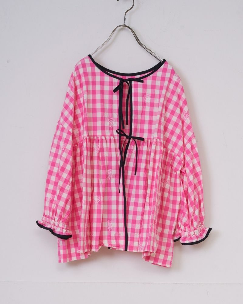 【予約】S/S G1171 ORIGINAL EMBROIDERY LACE GINGHAM GATHER BLOUSE（3月中旬 – 3月末）