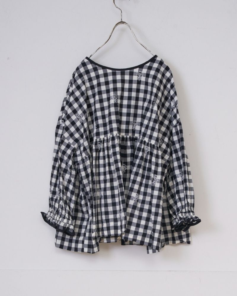 【予約】S/S G1171 ORIGINAL EMBROIDERY LACE GINGHAM GATHER BLOUSE（3月中旬 – 3月末）