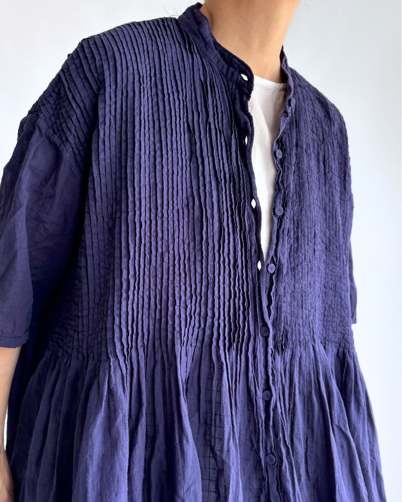 BANDED COLLAR MAXI DRESS WITH PINTUCK DarkPurple