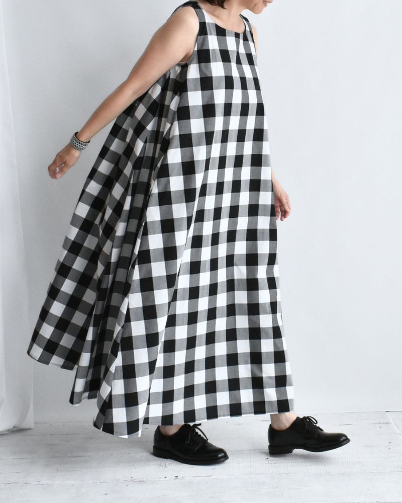 ブロックチェック ノースリーブフレアードレス White/Black