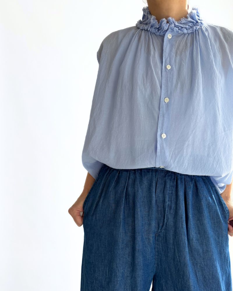 COTTON/LINEN DENIM 2TUCK TAPERED EASY PANTS Blue