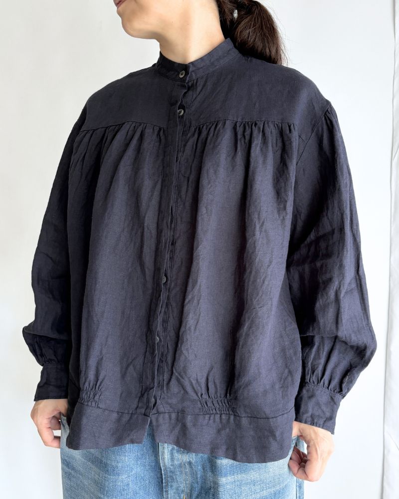 Linen Gather Shirt Navy