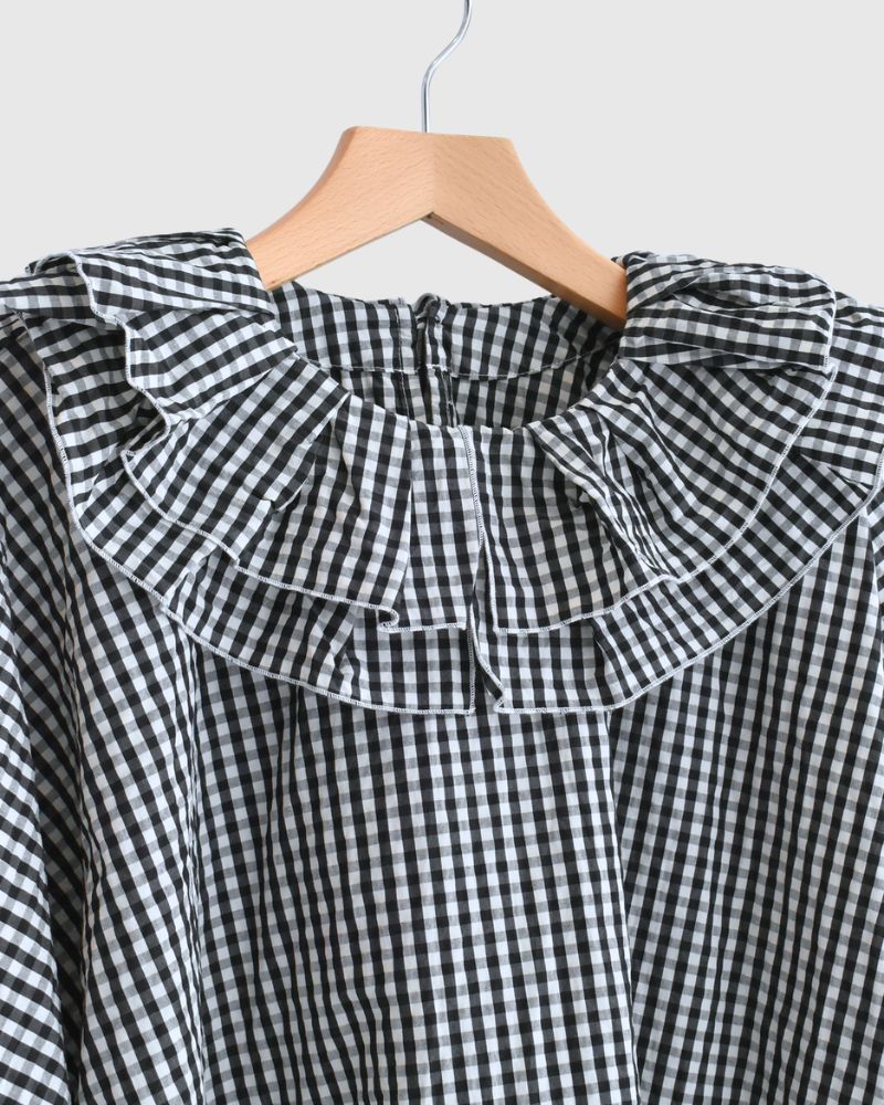 タックフリルプルオーバー Black/Ecru Check