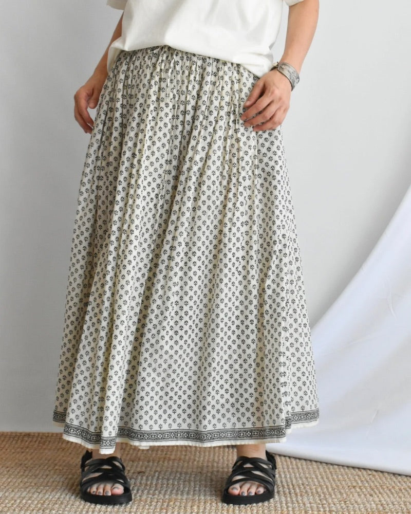 80'S COTTON VOILE SMALL FLOWER BLOCK PRINT RAJASTHAN TUCK GATHERED SKIRT WITH LINING Natural